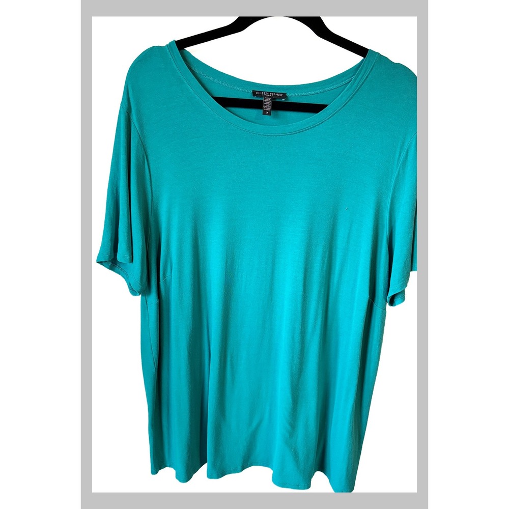 Eileen Fisher Woman Teal Green Short Sleeve Scoop Neck Top Plus Size 1X